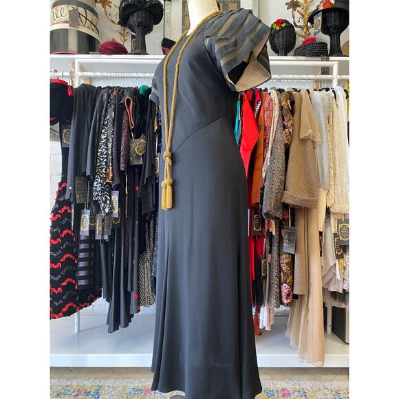 vintage 1970s black rayon dress with striped sleeves medium 1930s style art deco - Picture 8 of 10